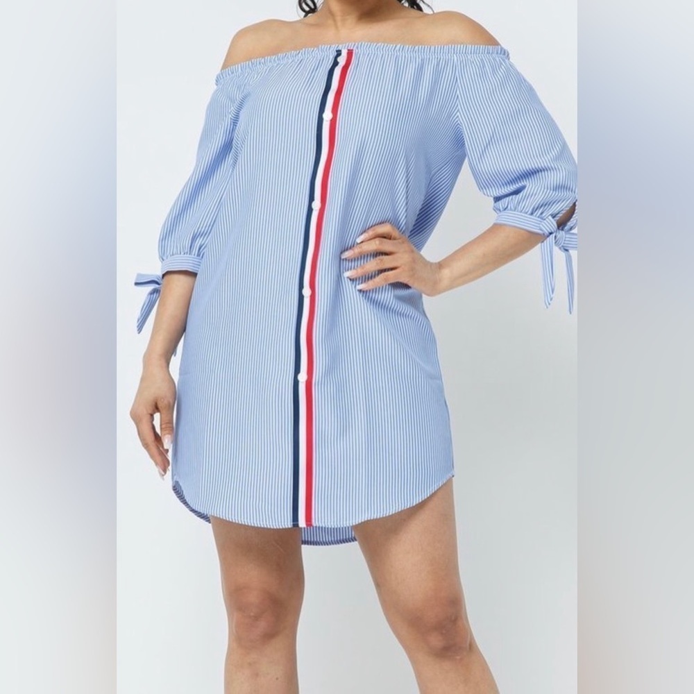Love J Off-Shoulder Pin‎ Stripe Dress